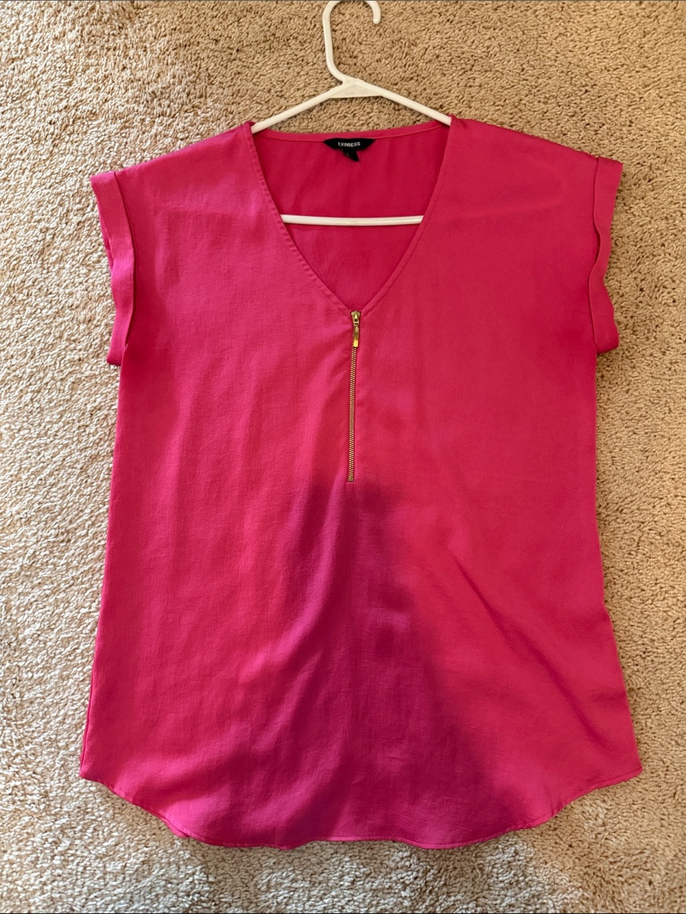 Express Hot Pink V-Neck Zip Cap Sleeve Blouse
